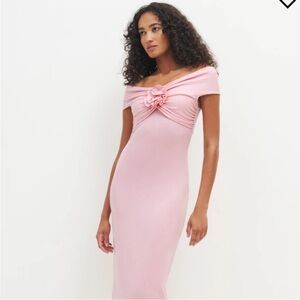Reformation Fiorello knit XS pink rosette off the shoulder dress